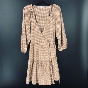MADEWELL Gingham Puff Sleeve Wrap Dress  Women's size Medium Orange/Brown Cream